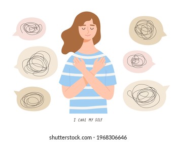 La joven se abraza a sí misma y no le importan los malos comentarios de la gente. Concepto de amor propio, autocuidado, confianza, estímulo, apoyo, salud mental, buena mente. Ilustración vectorial plana