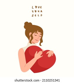 Young female embracing her self and heart with hand-writing message "Love Your Self". Concept of self-confidence, encouragement, support, mental health, well-being, Valentine's day. Flat vector.