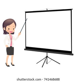 The young female employee dressed in the suit explains it with screen