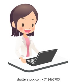 The young female employee dressed in the suit uses the PC