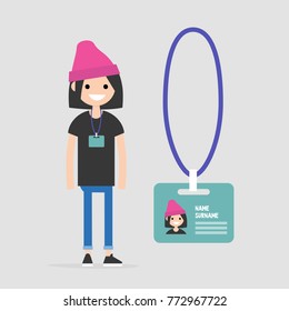 Young female employee wearing a badge. Personal information. Conference participant. Flat editable vector illustration, clip art