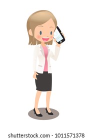 A young female employee wearing a suit are talking on mobile