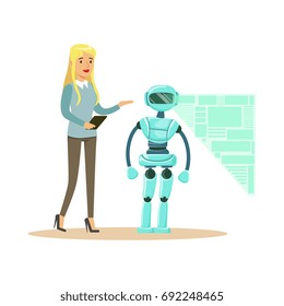 Young female engineer controlling visualization process of humanoid robot at her tablet, future technology concept vector Illustration