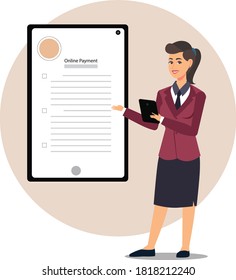 Young female executive explaining to fill online form , online payment with tab vector