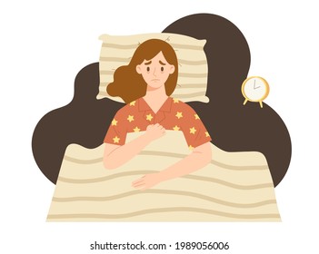 Young female exhausted and suffering from insomnia. Stressed. Concept of late at night, sleeping disorder, tired and sleepless, illness, depression effect. Flat vector illustration character cartoon.