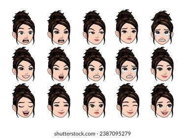 Young Female face with different facial expressions. Angry, sad, smile, cry, shock, bad, reaction, etc. Vector illustration isolated on white.