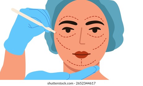 Rosto feminino jovem e mãos de um cirurgião plástico desenhando linhas de incisão com marcador 