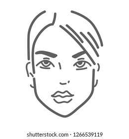 Young female face vector doodle icon isolated on white, hand drawn sketchy style
