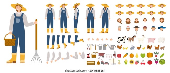 Young female farmer constructor set. Person working on a farm. Character working on the field. Agriculture utensils and vehicles. Farm animals and birds. Flat vector flat illustration