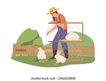 Young female farmer feeding rabbits with carrot. Woman in overall care about bunnies in cage. Animal breeding. Flat vector illustration of person and domestic hares isolated on white background