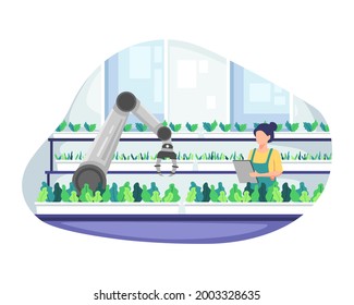 Young female farmer holding tablet checking vegetables. Smart and sophisticated farming concept, Managing a farm in greenhouse. Modern farming with robot automation. Vector illustration in flat style