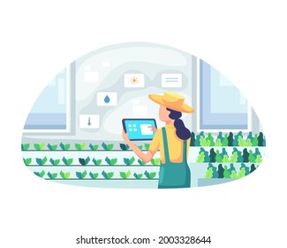 Young female farmer holding tablet checking vegetables. Smart and sophisticated farming concept, Managing a farm in a greenhouse. Modern farming with automation. Vector illustration in a flat style