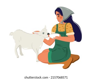 
A young female farmer or veterinarian is doing farming, holding a bottle of milk and feeding a goat. Milk whey with drugs and antibiotics for good health. Eco farm. Vector illustration