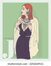 Young female fashion model, jacket thrown over her shoulders. Demonstration of silver jewelry. Fashion illustration photo shoot. Hand drawing, line art, sketch, outline, isolated. Vector illustration.
