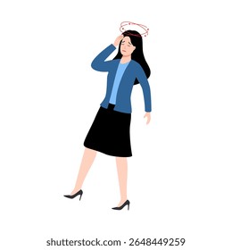 Uma jovem mulher se sentindo tonta. Mulher doente sofrendo de vertigem. Pessoa que sofre de cefaleia. Ilustração isolada de vetor em estilo plano