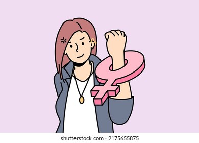 Young female feminist with female symbol on fist stand for feminism and women rights. Concept of international day of elimination of violence against woman. Vector illustration. 