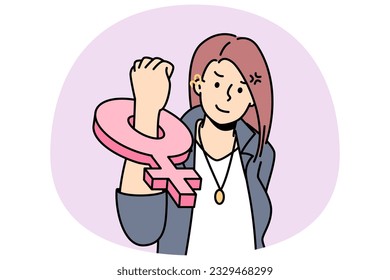 Young female feminist with female symbol on fist stand for feminism and women rights. Concept of international day of elimination of violence against woman. Vector illustration.