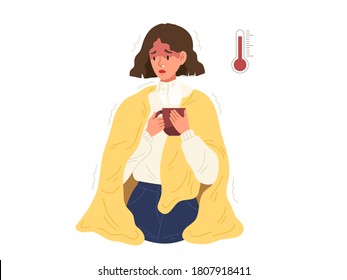 Young female with fever and influenza symptoms wrapping with warm blanket vector flat illustration. Sickness girl having health problem sitting and drinking hot beverage. COVID-19 infection.