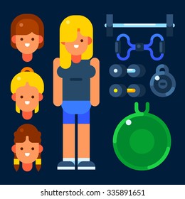 Young female fitness trainer and her stuff. Vector flat illustration. Isolated objects.