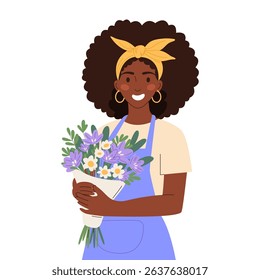 Young female florist with a fresh, vibrant bouquet of purple and white flowers. Modern flat hand drawn vector illustration of woman character for floral shop, gift, small business, celebration themes