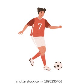 Young Female Football Player Running Up To Kick Ball Forward. Woman Playing European Soccer In Red Sports Outfit, Boots And Stockings. Colored Flat Vector Illustration Isolated On White Background