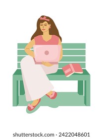 A young female freelancer or student in a good mood works at a laptop on a bench in the summer. Wireless technologies, business, remote work, studing. Vector color illustration.