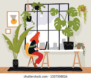 Young  female freelancer is working on a computer, sitting at the table. Artist, designer, freelancer, student. Startup business. Vector illustration. Flat design.