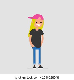 Young female friendly character standing with hands in pockets. Flat editable vector illustration, clip art