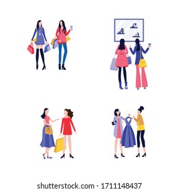 Young female friends shopping together - set of two cartoon women walking with shop bags, choosing shoes or dress isolated on white background. Flat vector illustration. - Shutterstock ID 1711148437