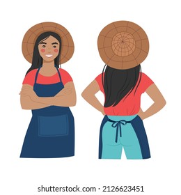 Young female gardener in a straw hat and garden apron. The girl crossed her arms over her chest. Front and rear view.
Vector illustration.