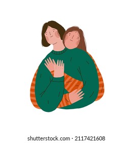 Young female gay couple in love. Two happy hugging women. Flat hand drawn vector illustration.