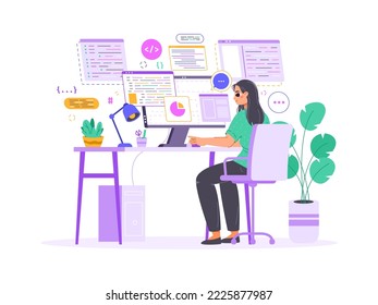 Young female geek character. Woman programmer coding, blogger content develop or software programming. Casual technology worker, snugly development vector concept