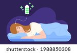 Young female get healthy sleeping to charge her brain. Bed time. Concept of sleeping well, good night, relaxation, restful sleep, comfy bed, brain energy boosting. Flat vector illustration character