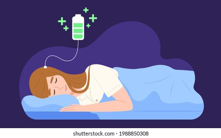 Young female get healthy sleeping to charge her brain. Bed time. Concept of sleeping well, good night, relaxation, restful sleep, comfy bed, brain energy boosting. Flat vector illustration character