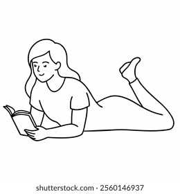 young female or girl lying on a floor and reading a book vector icon with white background