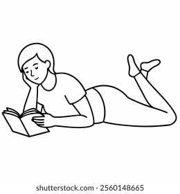 young female or girl lying on a floor and reading book vector icon with white background