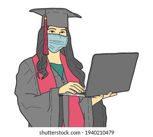 Young female graduate feeling happy and proud to receive her university diploma, hand drawn style vector design illustrations.