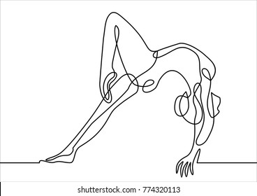 Young female gymnast performing handstand on balance beam- continuous line drawing