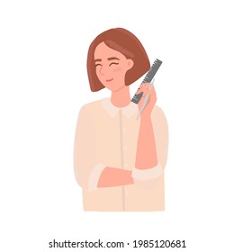 Eine junge Friseurin hält einen Kamm und eine Schere in der Hand. Porträt, Avatar eines Friseursalons. Frische, flache Vektorgrafik.