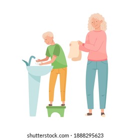 Young Female Handing Over Towel to Boy Standing on Chair at Wash Stand and Washing His Hands Vector Illustration
