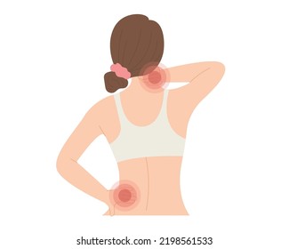 Young Female Having Back And Shoulder Muscle Pain Symptom. Concept Of Office Syndrome, Muscle Pain From Bad Posture, Hurting Waist And Neck, Health Care. Flat Vector Illustration Character.