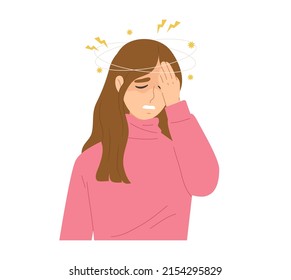 Young female having a dizzy symptom and raising her hand to touch her head. Concept of illness, vertigo, headache, dizziness, sickness. Flat vector illustration character about health.