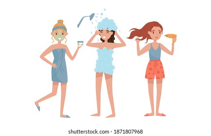 Young Female Having Shower, Drying Hair and Applying Face Mask Vector Illustration Set