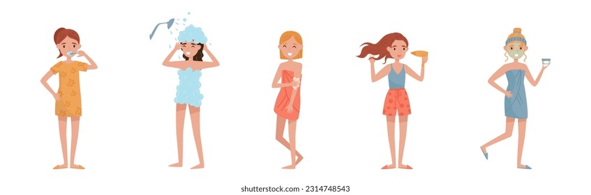 Young Female Having Shower, Drying Hair and Applying Face Mask Vector Illustration Set