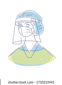 Young female health worker wearing face shield, medical cap and mask. Personal protective equipment and medical srubs. Clean and simple line art of a nurse during epidemic. 