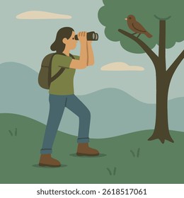 Young female hiker observing bird through binoculars, surrounded by verdant woodland, experiencing wilderness tranquility
