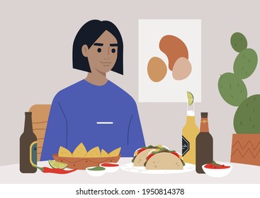 A young female Hispanic character having dinner in a Mexican restaurant with traditional food