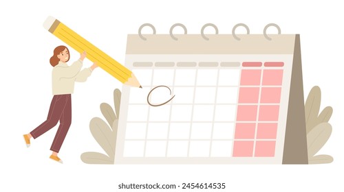 Young female holding big pencil and writing circle on huge calendar for planning important date. Concept of time management, work organization, events notification, Memo, deadline, reminder, plan. 