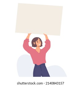 Young female holding blank placard raising above her head. Template for message, advertising, announcement, presentation, business, information. Flat vector illustration character.