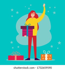 young female holding gift box say hi vector illustration 